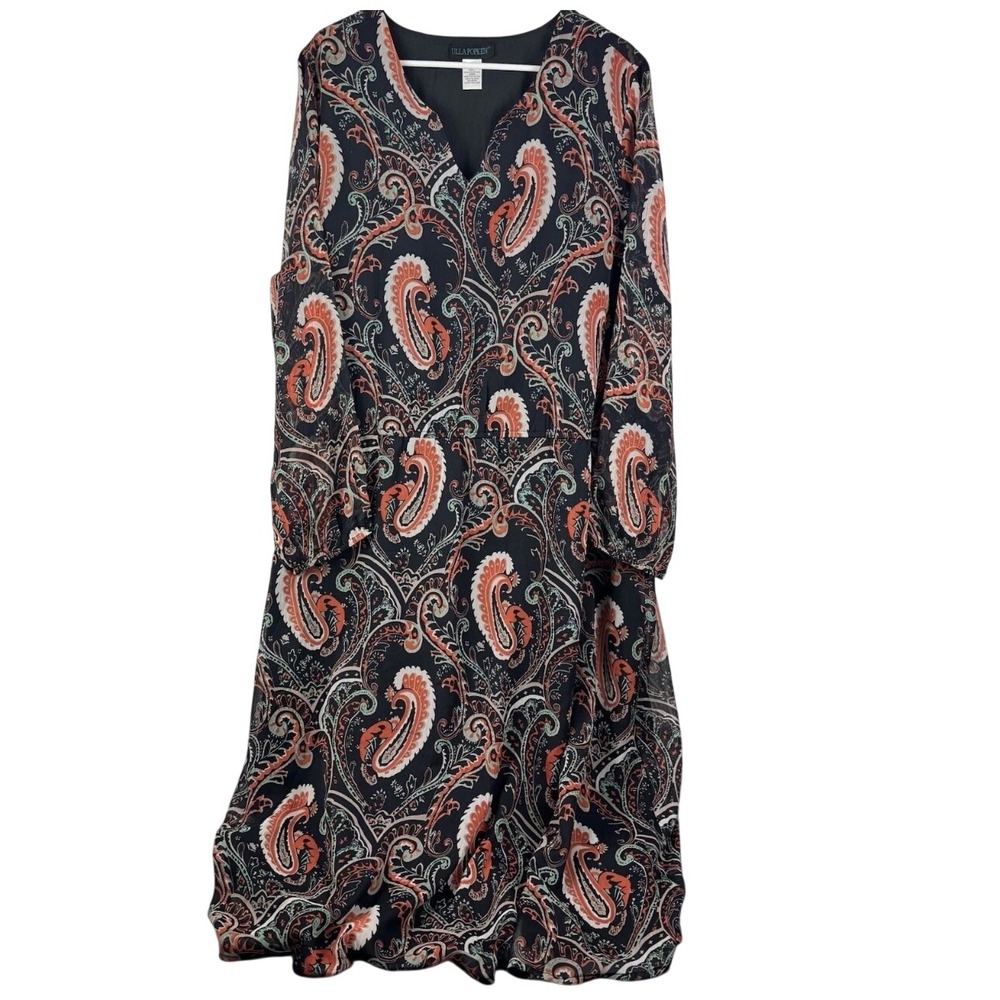 Ulla Popken Dress Womens 20/22 Black Paisley Chiffon A-Line Maxi Long Sleeve
